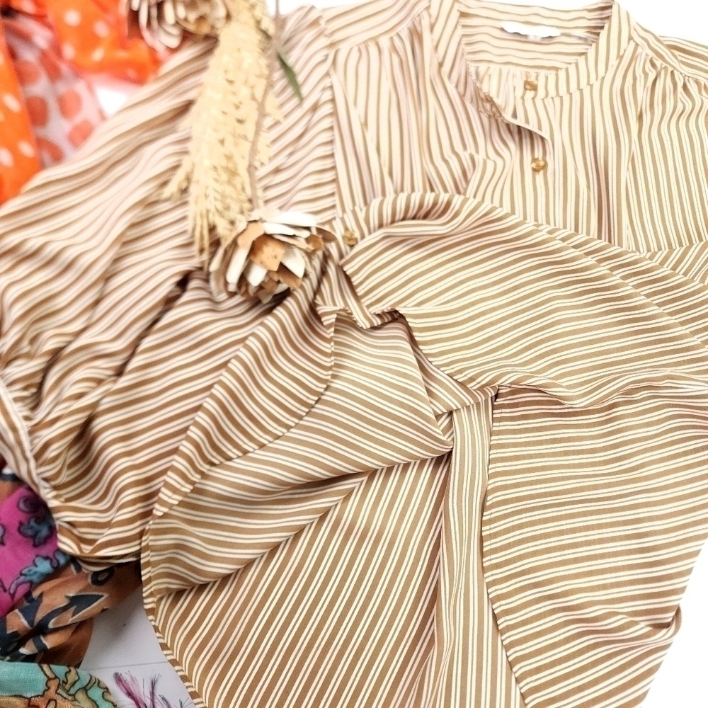 🔴 Calvin Klein Camel Tan Cream Striped Bubble Sleeve Top Sz M - Picture 7 of 11